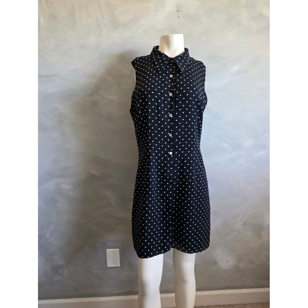 KANAR STUDIO Black White Polka Dot Sleeveless Collar Button Down Shirt Dress 14